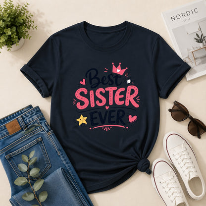 Ahaeli Best Sister Ever navy blue women's cotton T-shirt with premium graphic print.
