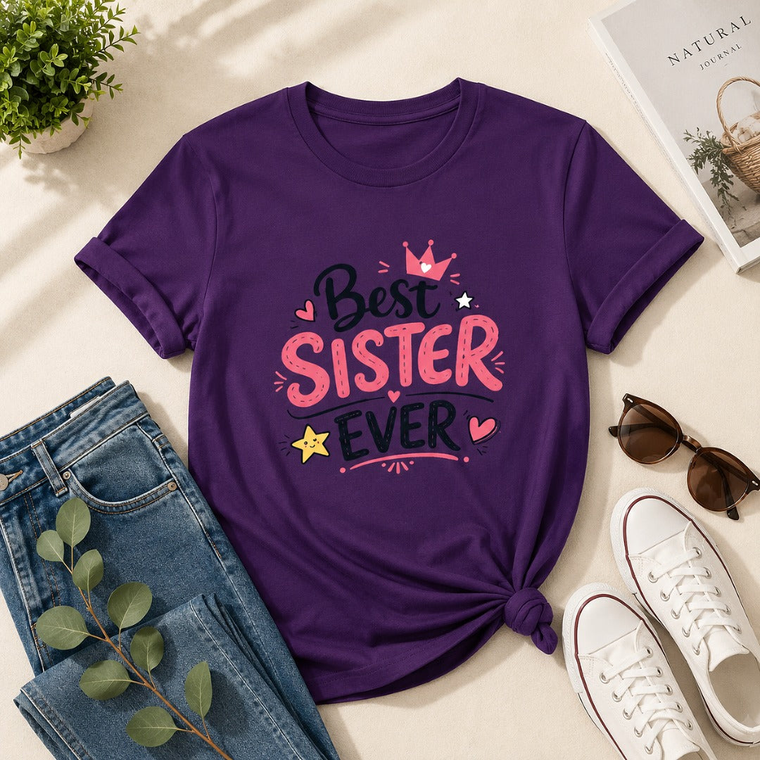 Ahaeli Best Sister Ever purple women's cotton T-shirt with premium graphic print.