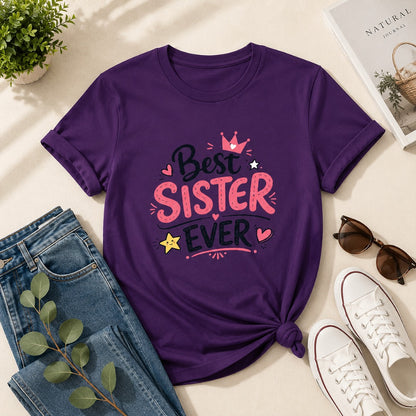 Ahaeli Best Sister Ever purple women's cotton T-shirt with premium graphic print.