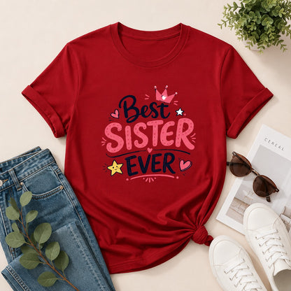 Ahaeli Best Sister Ever red women's cotton T-shirt with premium graphic print.