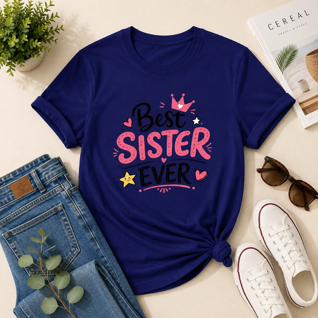 Ahaeli Best Sister Ever royal blue women's cotton T-shirt with premium graphic print.