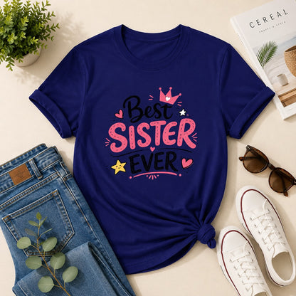 Ahaeli Best Sister Ever royal blue women's cotton T-shirt with premium graphic print.