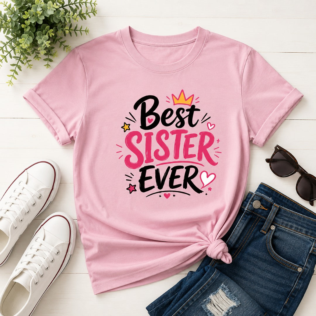 Ahaeli Best Sister Ever Typography Edition baby pink women's cotton T-shirt with premium graphic print.