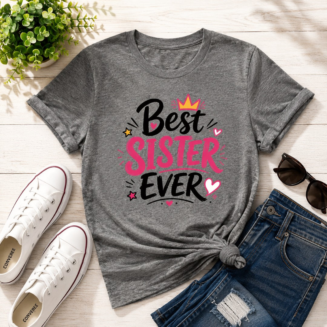 Ahaeli Best Sister Ever Typography Edition charcoal melange women's cotton T-shirt with premium graphic print.