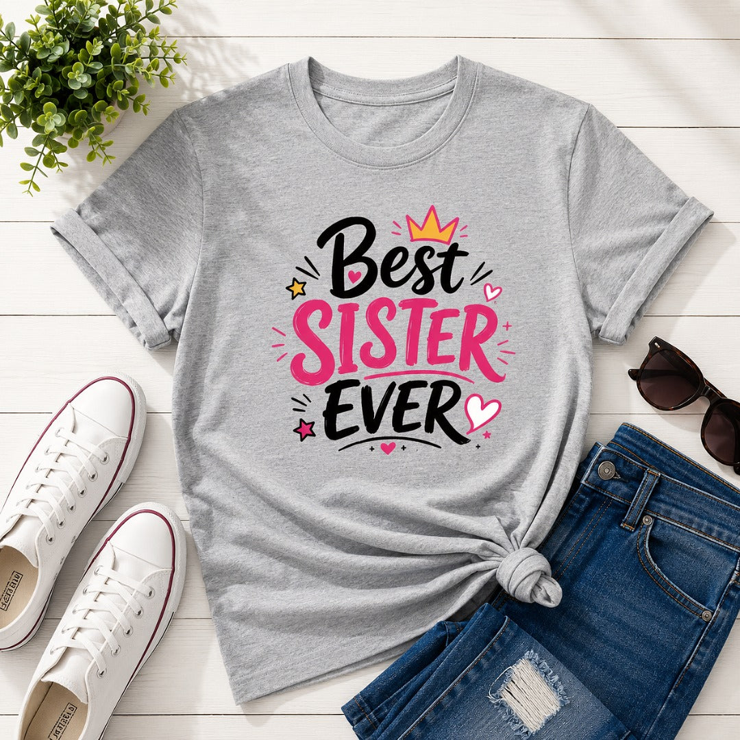 Ahaeli Best Sister Ever Typography Edition grey melange women's cotton T-shirt with premium graphic print.
