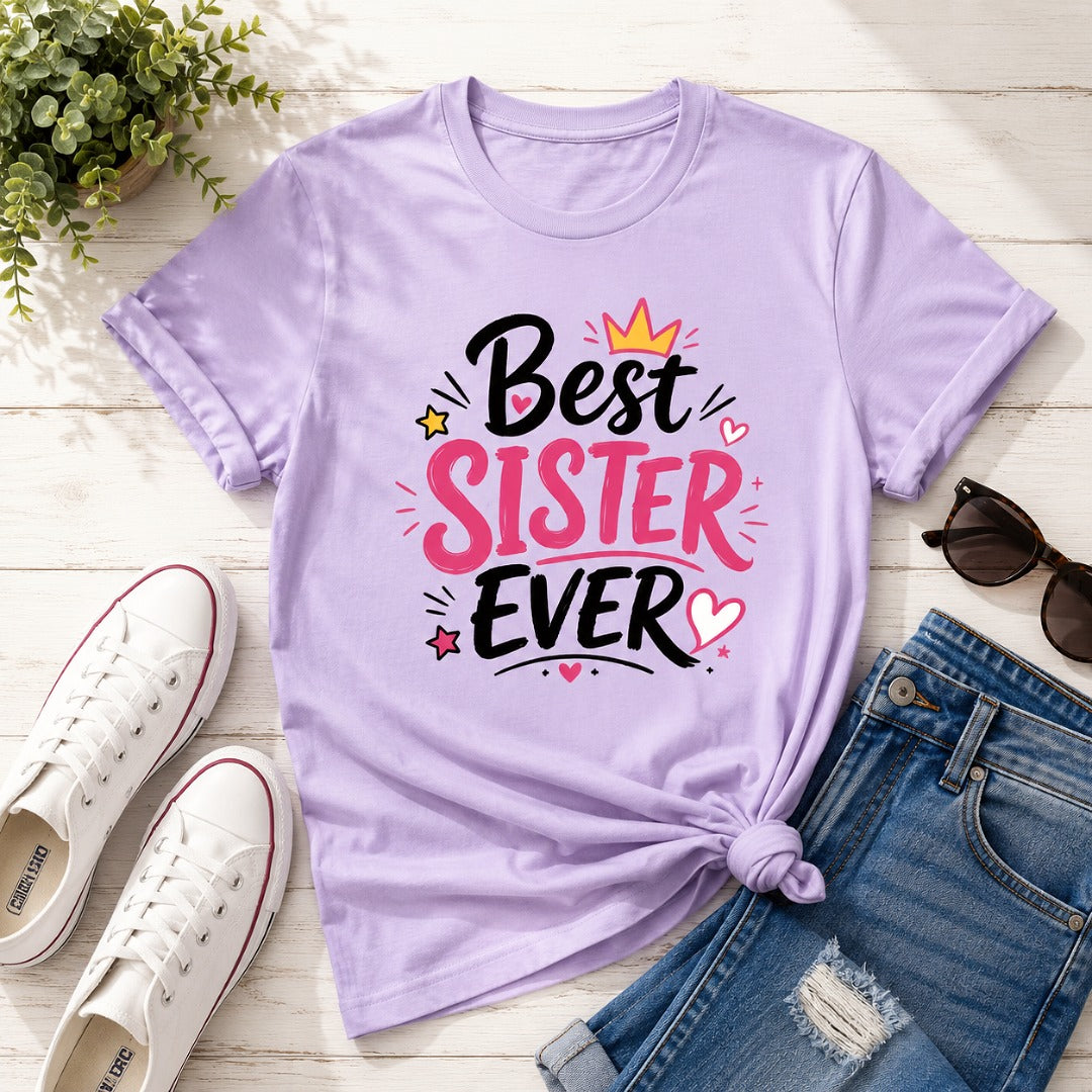 Ahaeli Best Sister Ever Typography Edition lavender women's cotton T-shirt with premium graphic print.