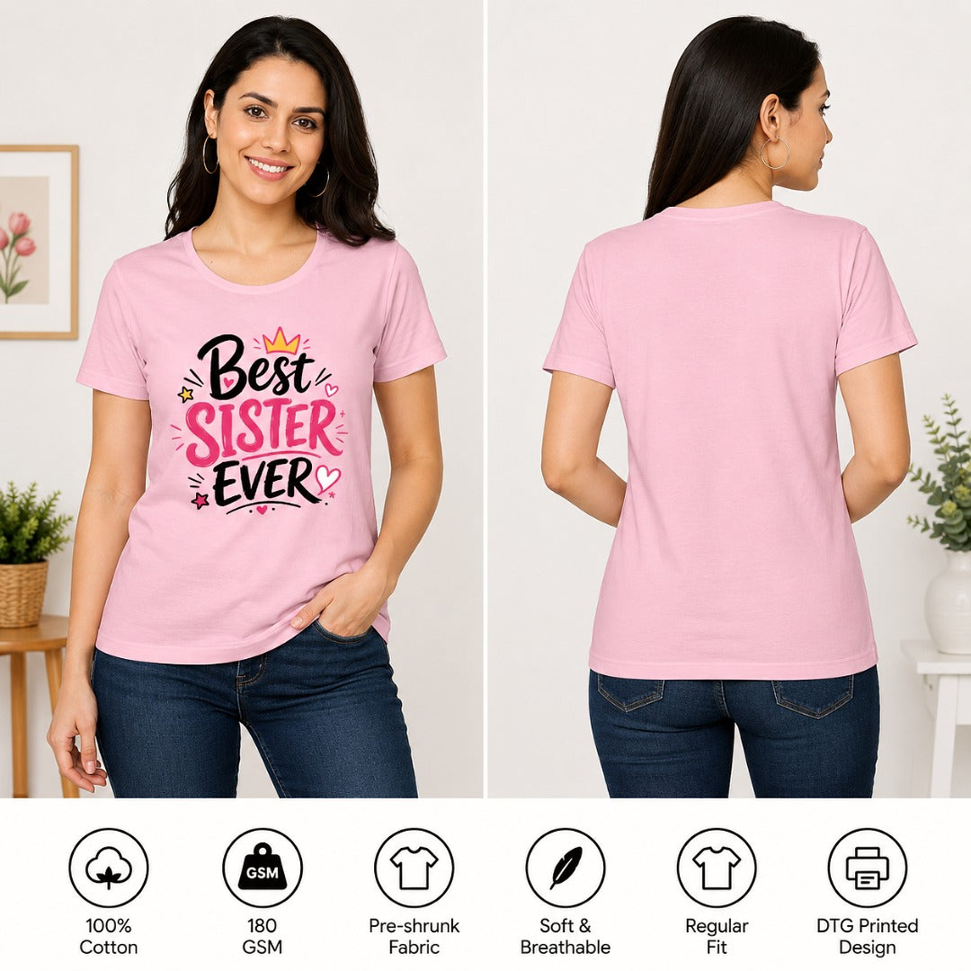 Ahaeli Best Sister Ever Typography Edition light pink women's cotton T-shirt with premium graphic print, shown in front and back view.