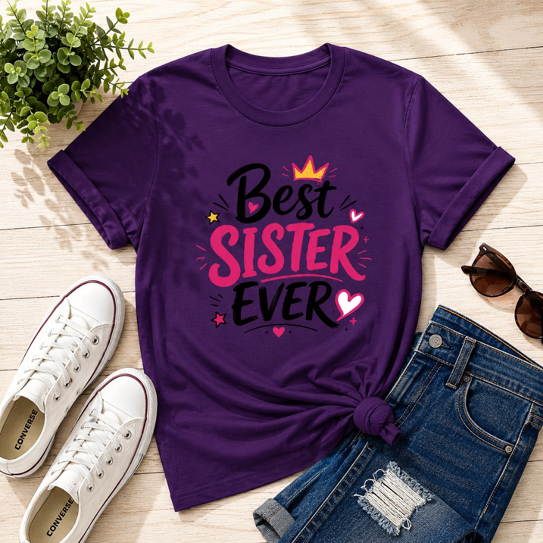 Ahaeli Best Sister Ever Typography Edition purple women's cotton T-shirt with premium graphic print.
