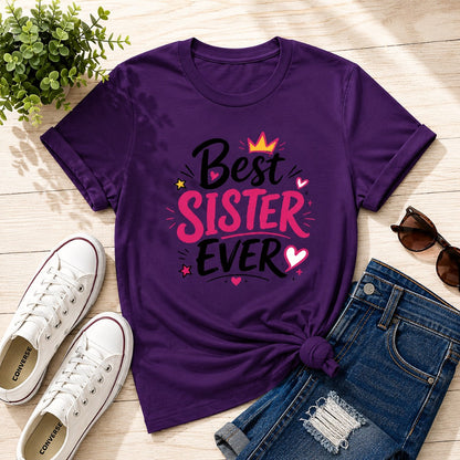 Ahaeli Best Sister Ever Typography Edition purple women's cotton T-shirt with premium graphic print.