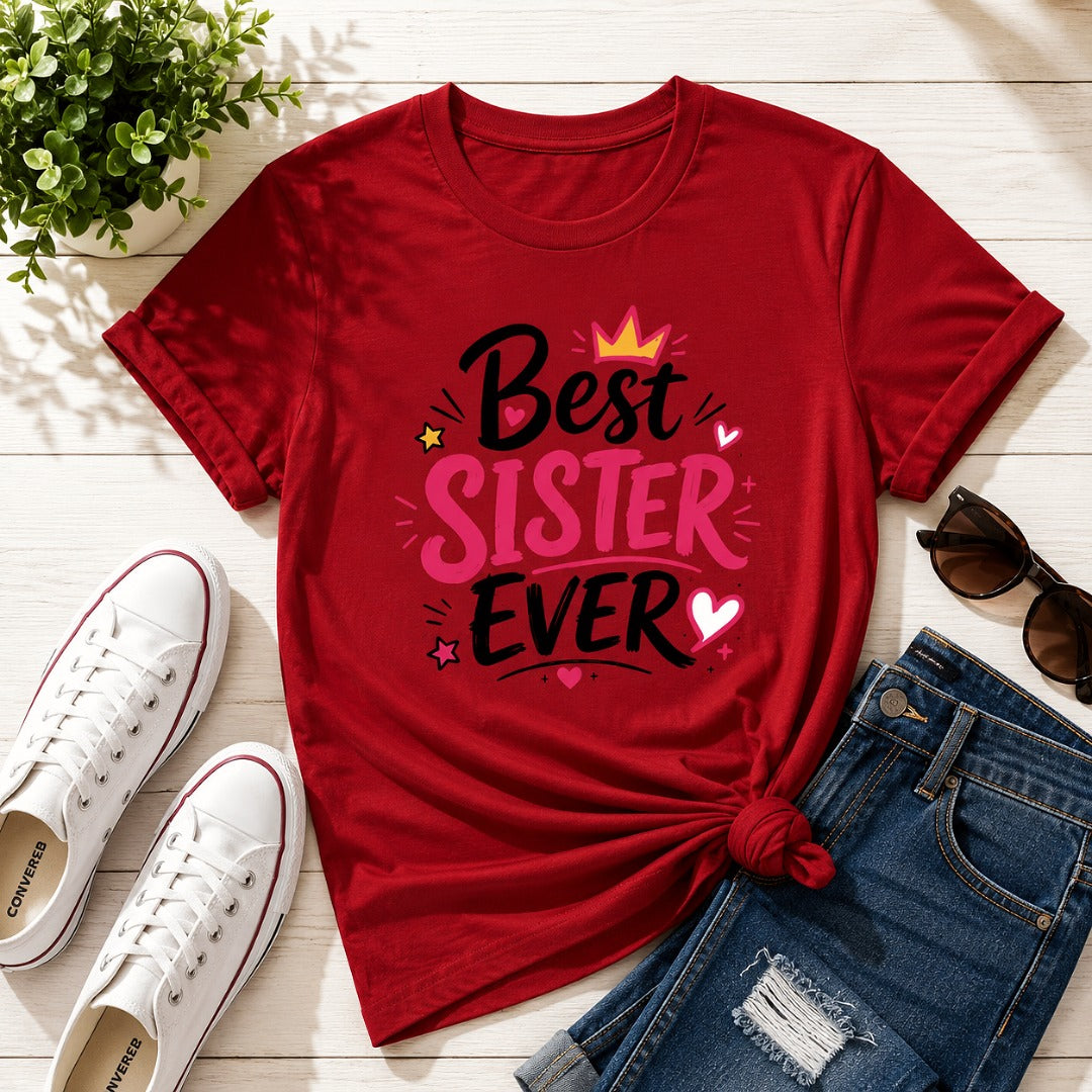 Ahaeli Best Sister Ever Typography Edition red women's cotton T-shirt with premium graphic print.