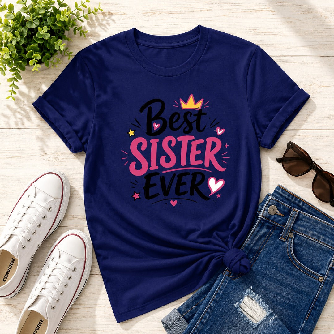 Ahaeli Best Sister Ever Typography Edition blue women's cotton T-shirt with premium graphic print.