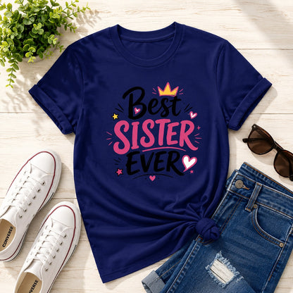Ahaeli Best Sister Ever Typography Edition blue women's cotton T-shirt with premium graphic print.