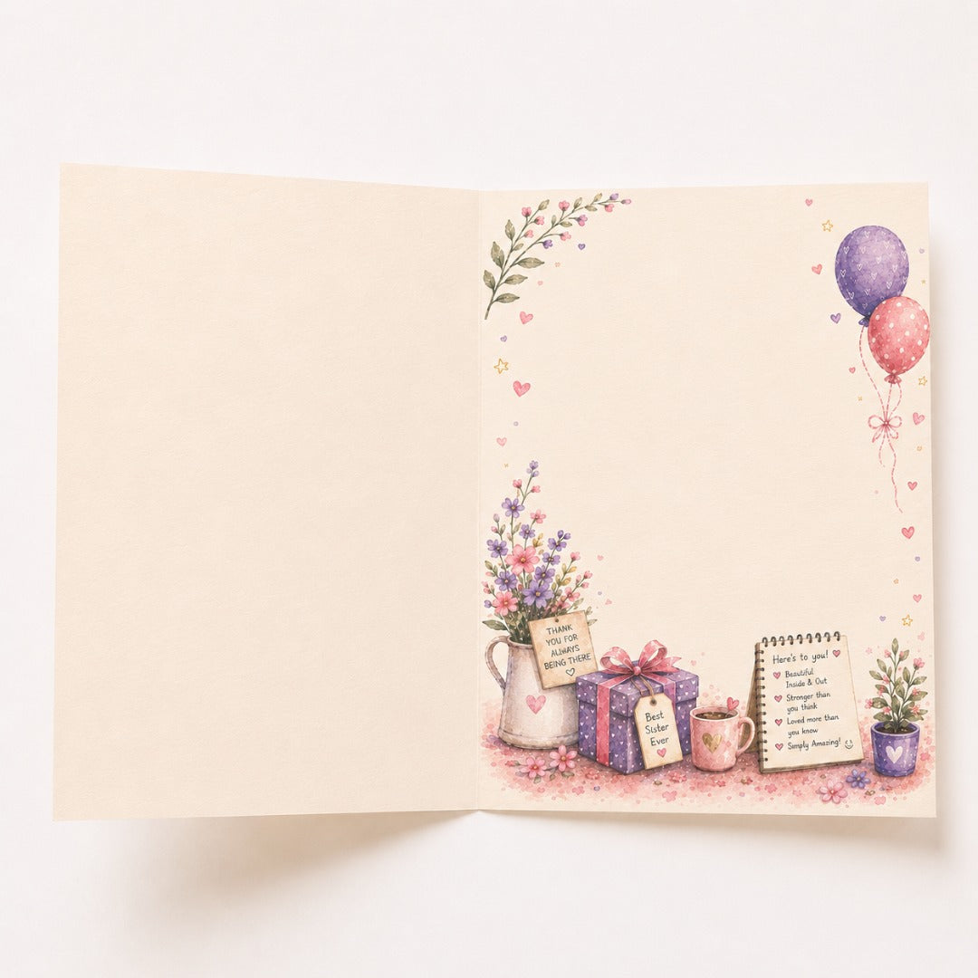 Best Sister Ever watercolor birthday greeting card inside with sister birthday message and floral artwork