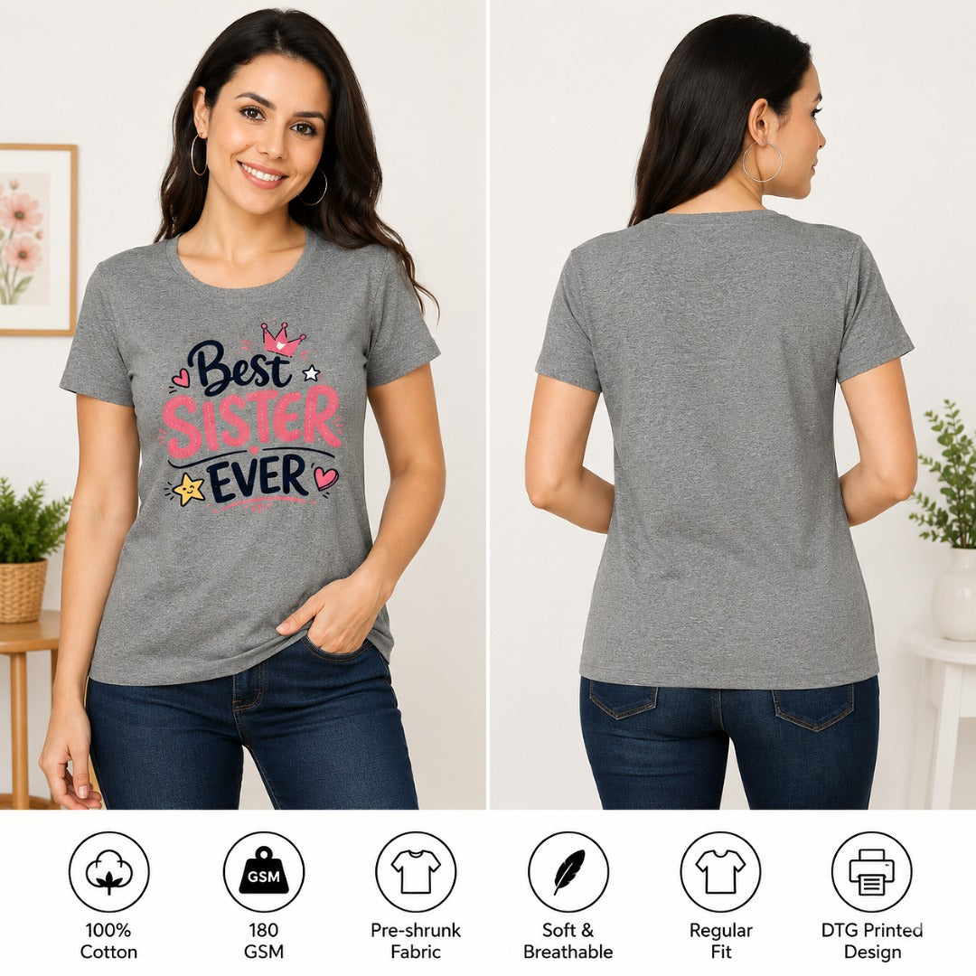 Ahaeli Best Brother Ever women's grey cotton T-shirt featuring a premium printed graphic, shown in front and back view, perfect for Raksha Bandhan gifting.