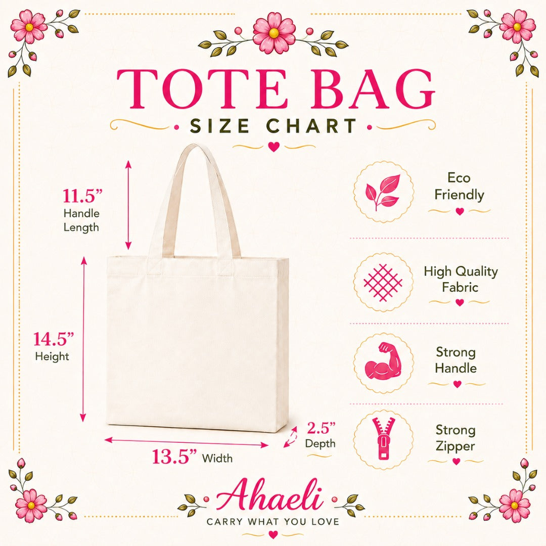 Ahaeli canvas tote bag size chart showing 13.5-inch width, 14.5-inch height, 11.5-inch handle drop, secure zipper closure, and premium cotton canvas construction.