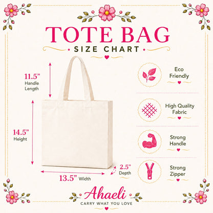 Ahaeli canvas tote bag size chart showing 13.5-inch width, 14.5-inch height, 11.5-inch handle drop, secure zipper closure, and premium cotton canvas construction.