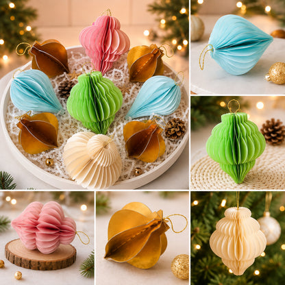 Ahaeli Christmas honeycomb ornaments SVG bundle featuring 8 paper ornament designs in pink, blue, green, white and gold