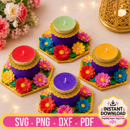 Ahaeli floral Diwali tealight holder template in SVG, PDF, DXF and PNG formats