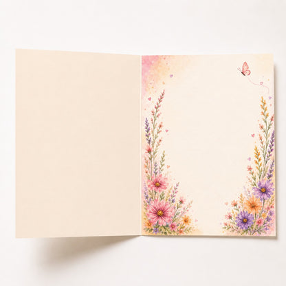 Inside of Forever in Bloom watercolor anniversary card with floral border and blank message space