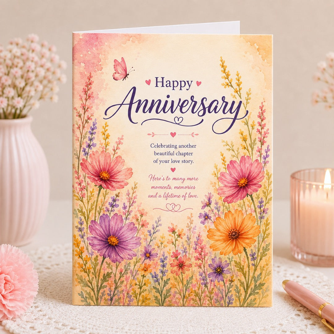 Forever in Bloom watercolor anniversary greeting card with colorful floral artwork