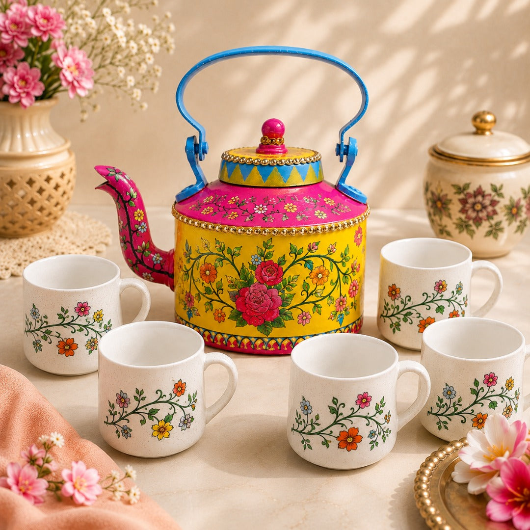 Ahaeli hand-painted floral teapot with five matching ceramic cups featuring delicate floral artwork in a premium tea set.