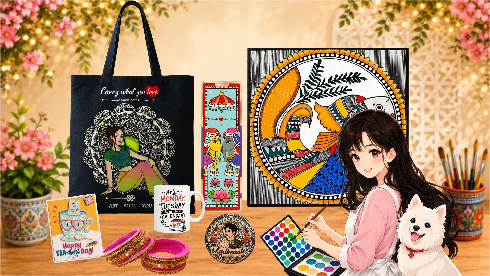 Ahaeli handmade gifts, Madhubani art, personalized accessories, tote bags, bookmarks, badges, and artisan-designed products inspired by Indian folk art.