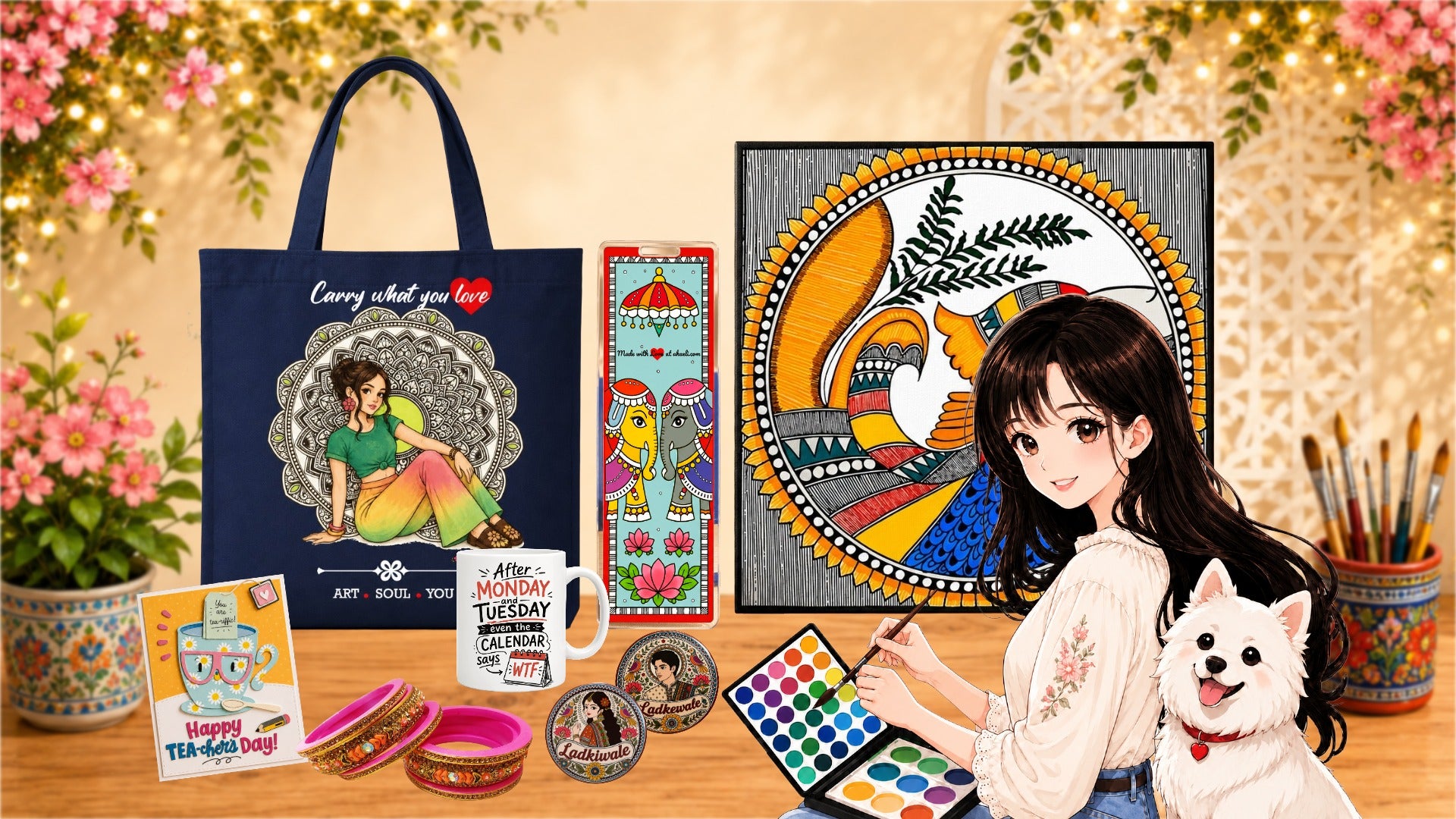 Ahaeli homepage banner featuring handmade gifts, personalized products, tote bags, greeting cards, paintings, mugs and artistic decor.