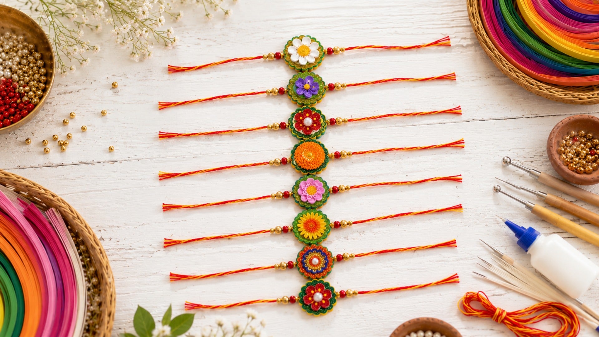 Handmade floral rakhis arranged with quilling tools and colorful craft materials for Raksha Bandhan.