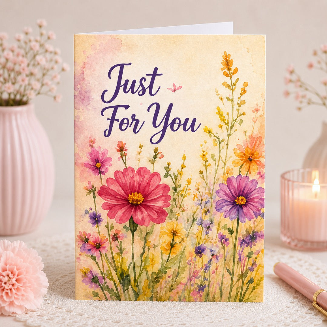 Just For You watercolor floral greeting card with colorful flowers