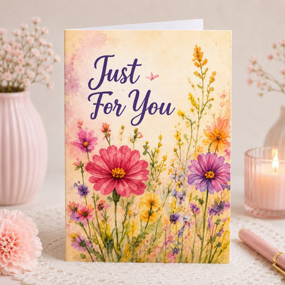 Just For You watercolor floral greeting card with colorful flowers