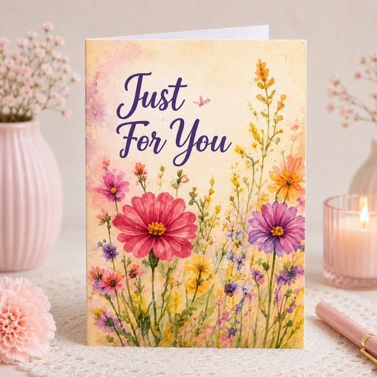 Just For You watercolor floral greeting card with colorful flowers