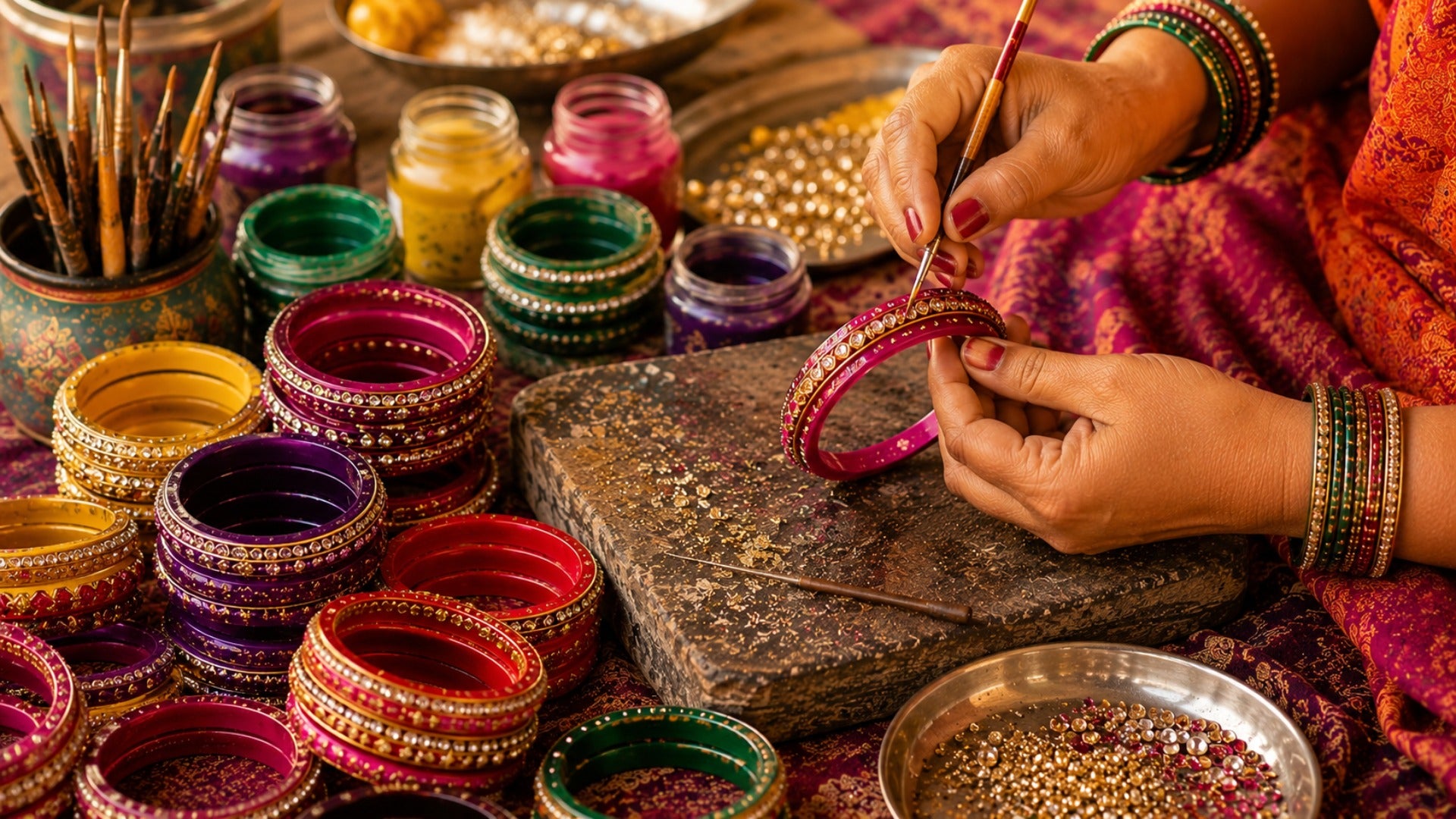 Artisan decorating traditional handmade lac bangles with colorful stones and intricate craftsmanship.