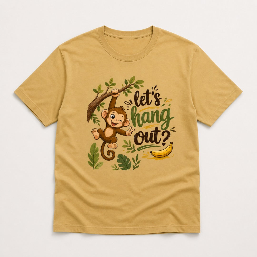 Let's Hang Out graphic printed men's cotton T-shirt in beige featuring a cute monkey illustration.