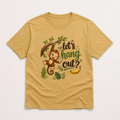 Let's Hang Out graphic printed men's cotton T-shirt in beige featuring a cute monkey illustration.
