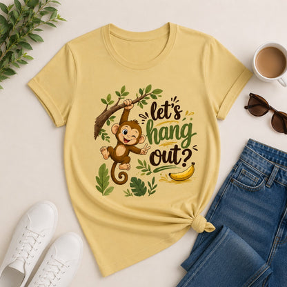 Let's Hang Out Women's Cotton T-Shirt in beige with cute monkey graphic print