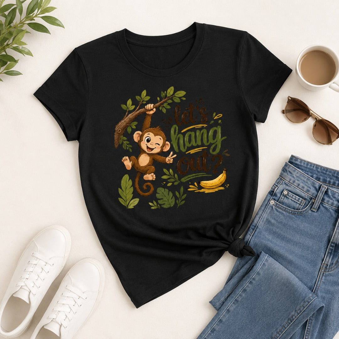 Let's Hang Out Women's Cotton T-Shirt in Black with cute monkey graphic print