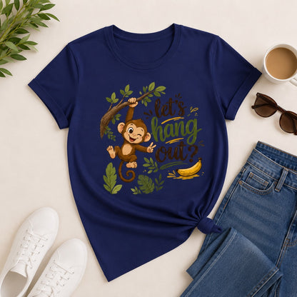 Let's Hang Out Women's Cotton T-Shirt in blue with cute monkey graphic print