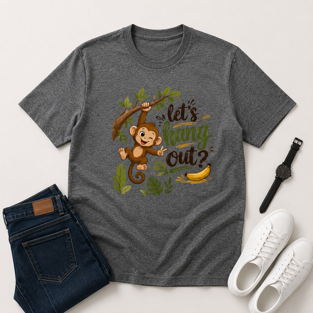Let's Hang Out graphic printed men's cotton T-shirt in charcoal melange featuring a cute monkey illustration.
