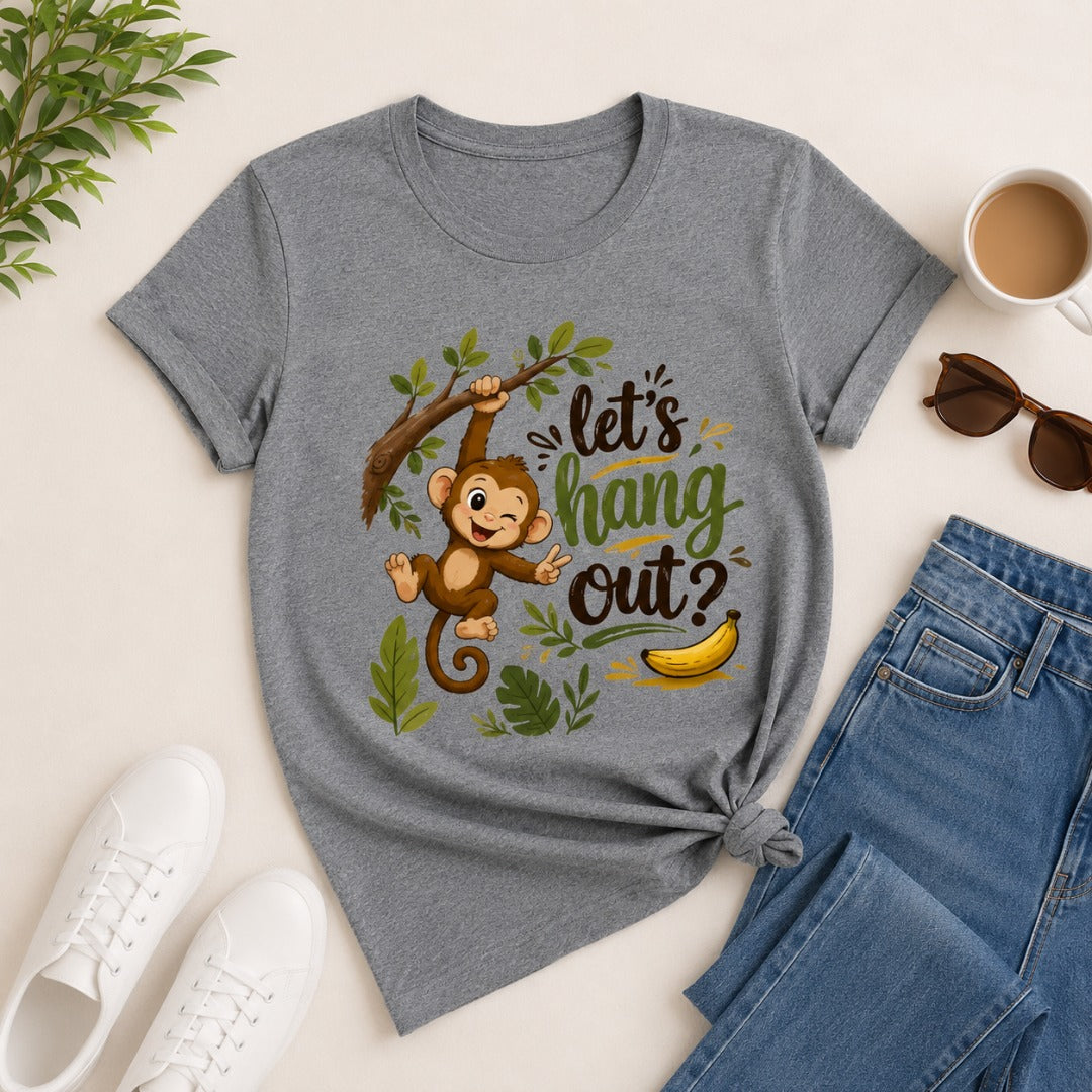 Let's Hang Out Women's Cotton T-Shirt in dark gray with cute monkey graphic print