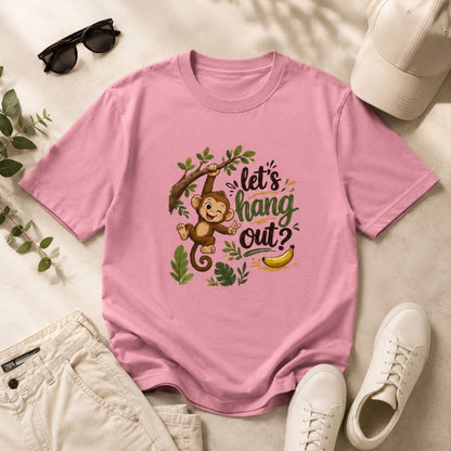 Let's Hang Out graphic printed men's cotton T-shirt in flamingo featuring a cute monkey illustration.