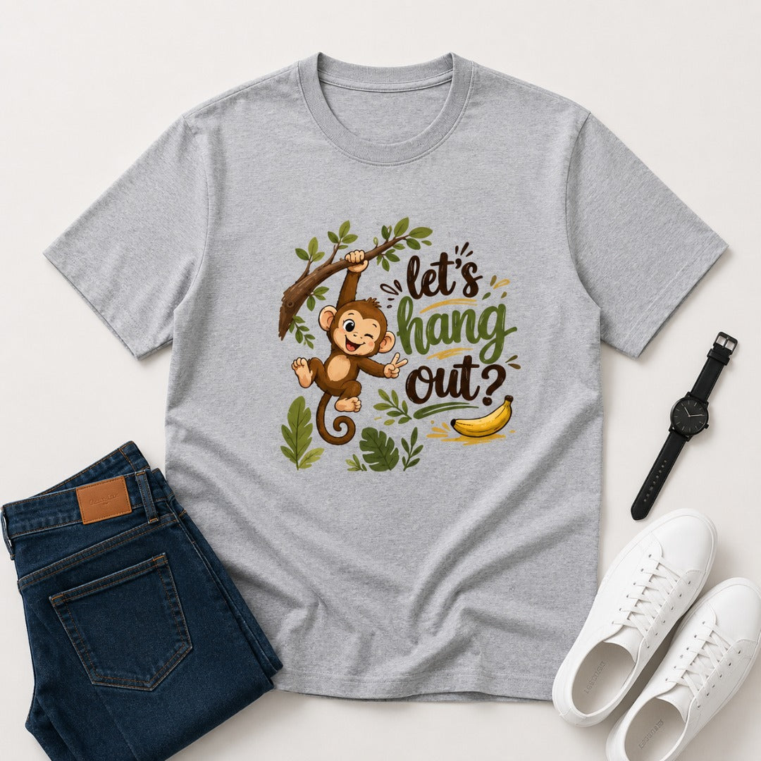 Let's Hang Out graphic printed men's cotton T-shirt in grey melange featuring a cute monkey illustration.