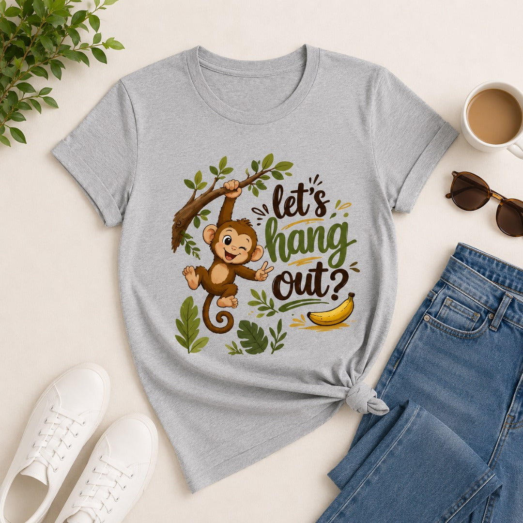 Let's Hang Out Women's Cotton T-Shirt in light grey with cute monkey graphic print