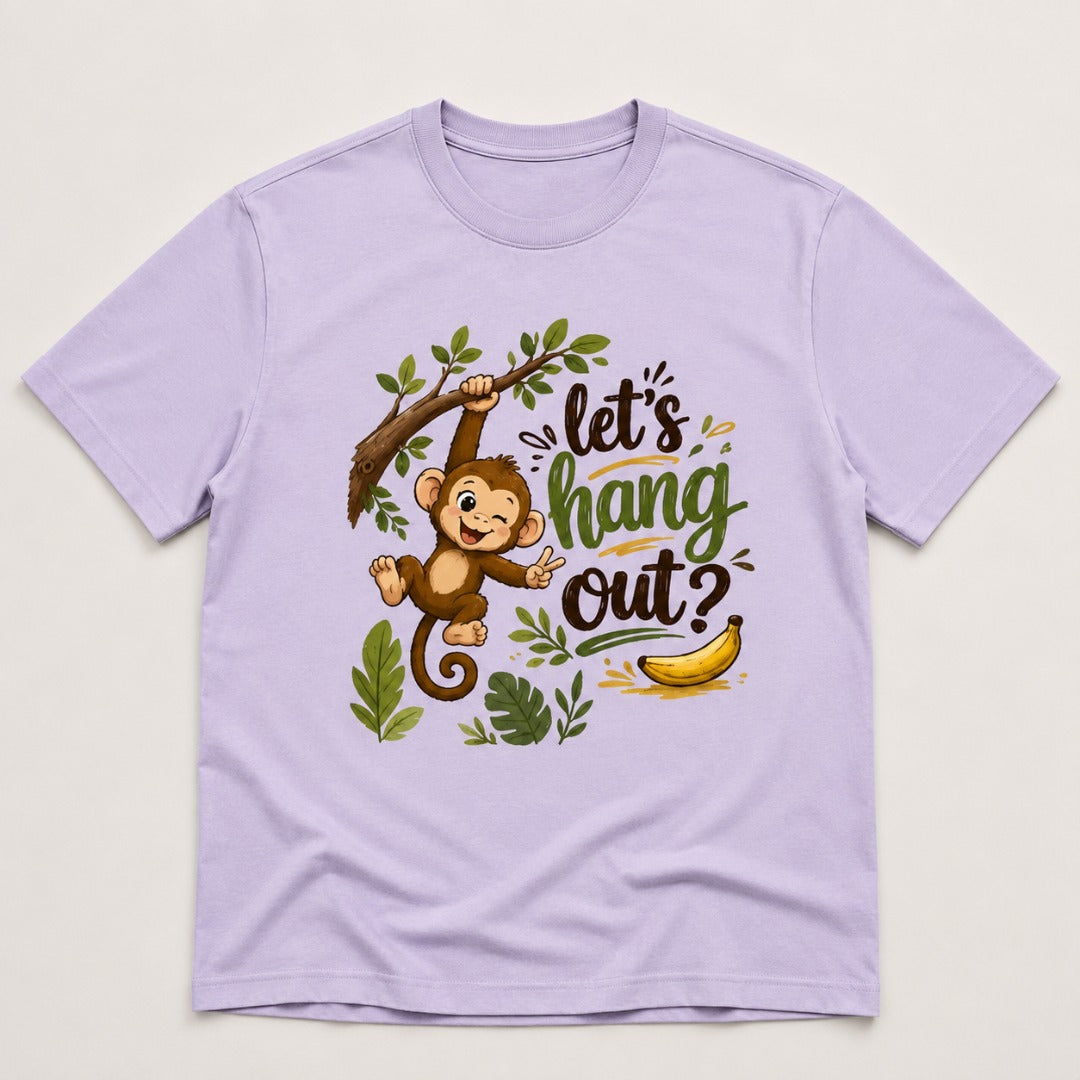 Let's Hang Out graphic printed men's cotton T-shirt in lavender featuring a cute monkey illustration.