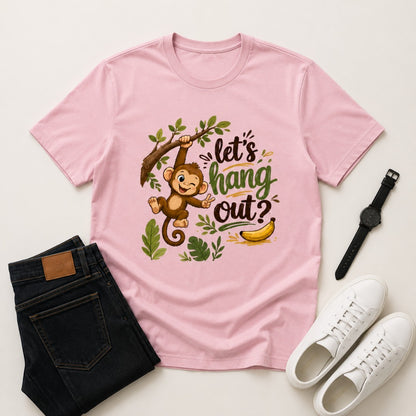 Let's Hang Out graphic printed men's cotton T-shirt in light pink featuring a cute monkey illustration.