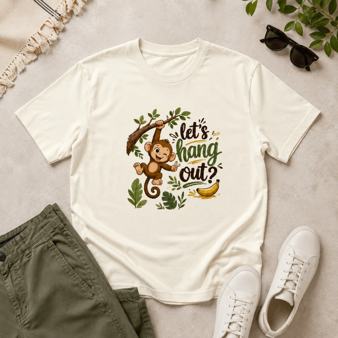 Let's Hang Out graphic printed men's cotton T-shirt in off white featuring a cute monkey illustration.