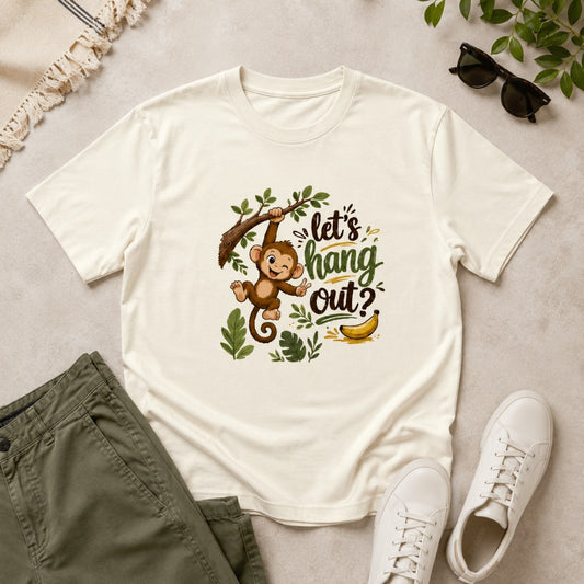 Let's Hang Out graphic printed men's cotton T-shirt in off white featuring a cute monkey illustration.
