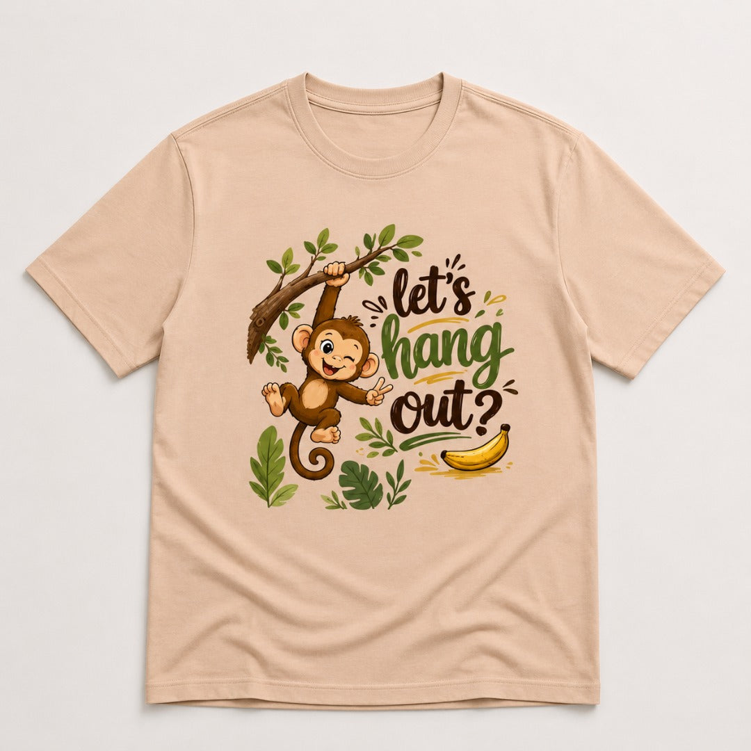 Let's Hang Out graphic printed men's cotton T-shirt in peach featuring a cute monkey illustration.