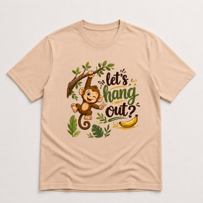 Let's Hang Out graphic printed men's cotton T-shirt in peach featuring a cute monkey illustration.
