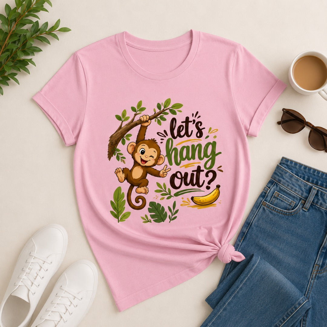 Let's Hang Out Women's Cotton T-Shirt in pink with cute monkey graphic print