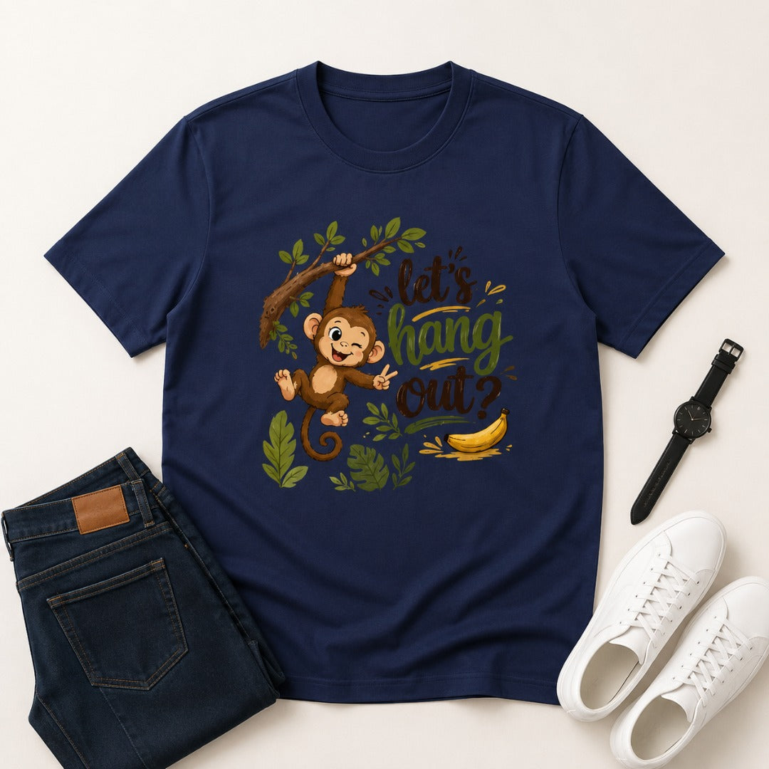 Let's Hang Out graphic printed men's cotton T-shirt in royal blue featuring a cute monkey illustration.